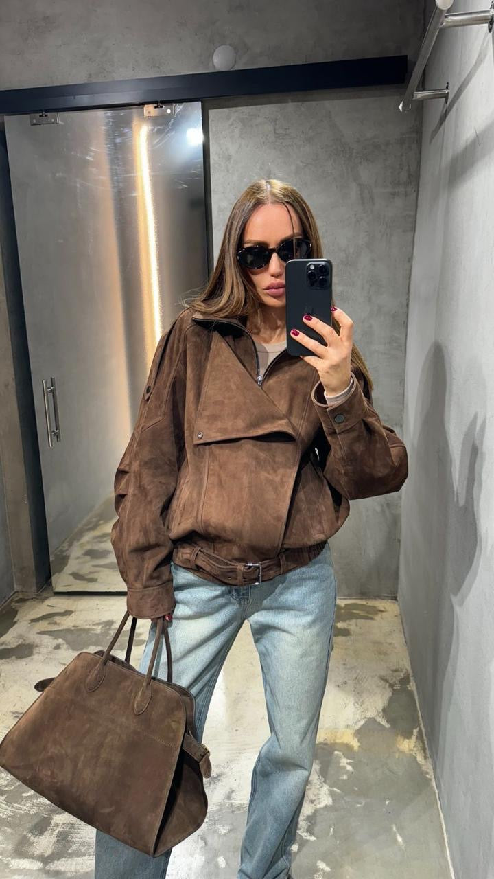 Soft suede oversized pilot bomber jacket in brown