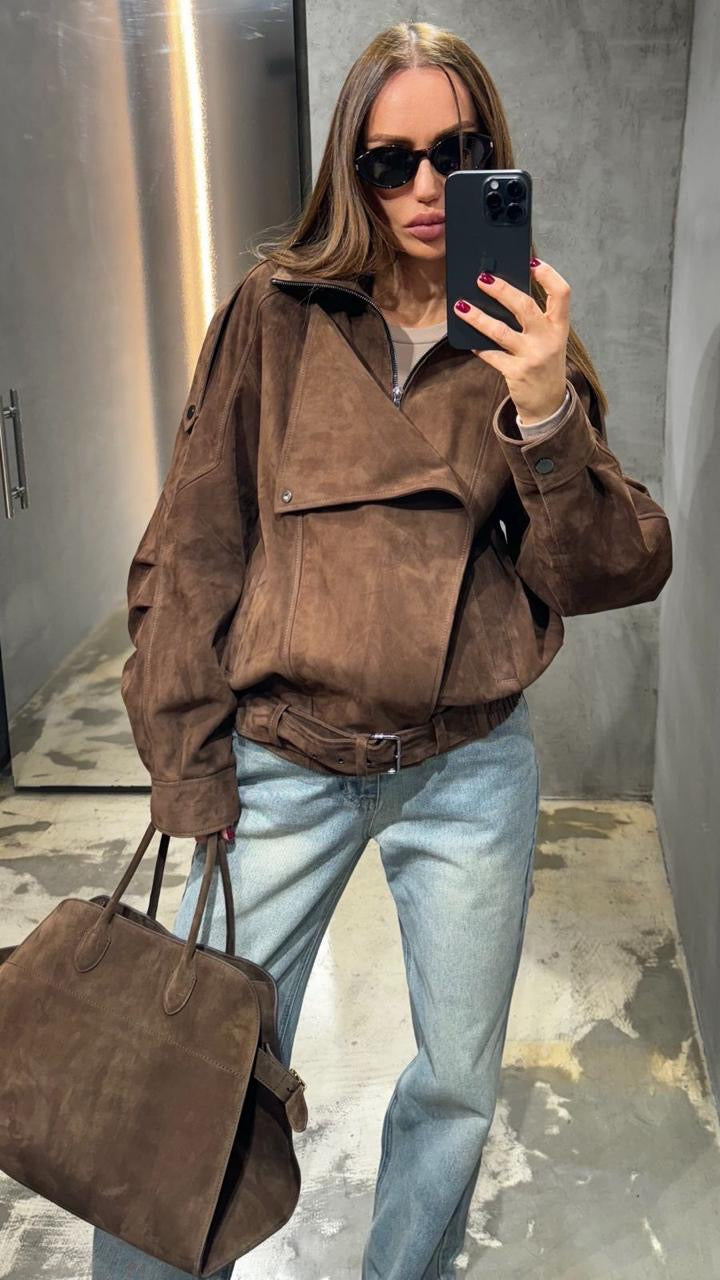 Soft suede oversized pilot bomber jacket in brown