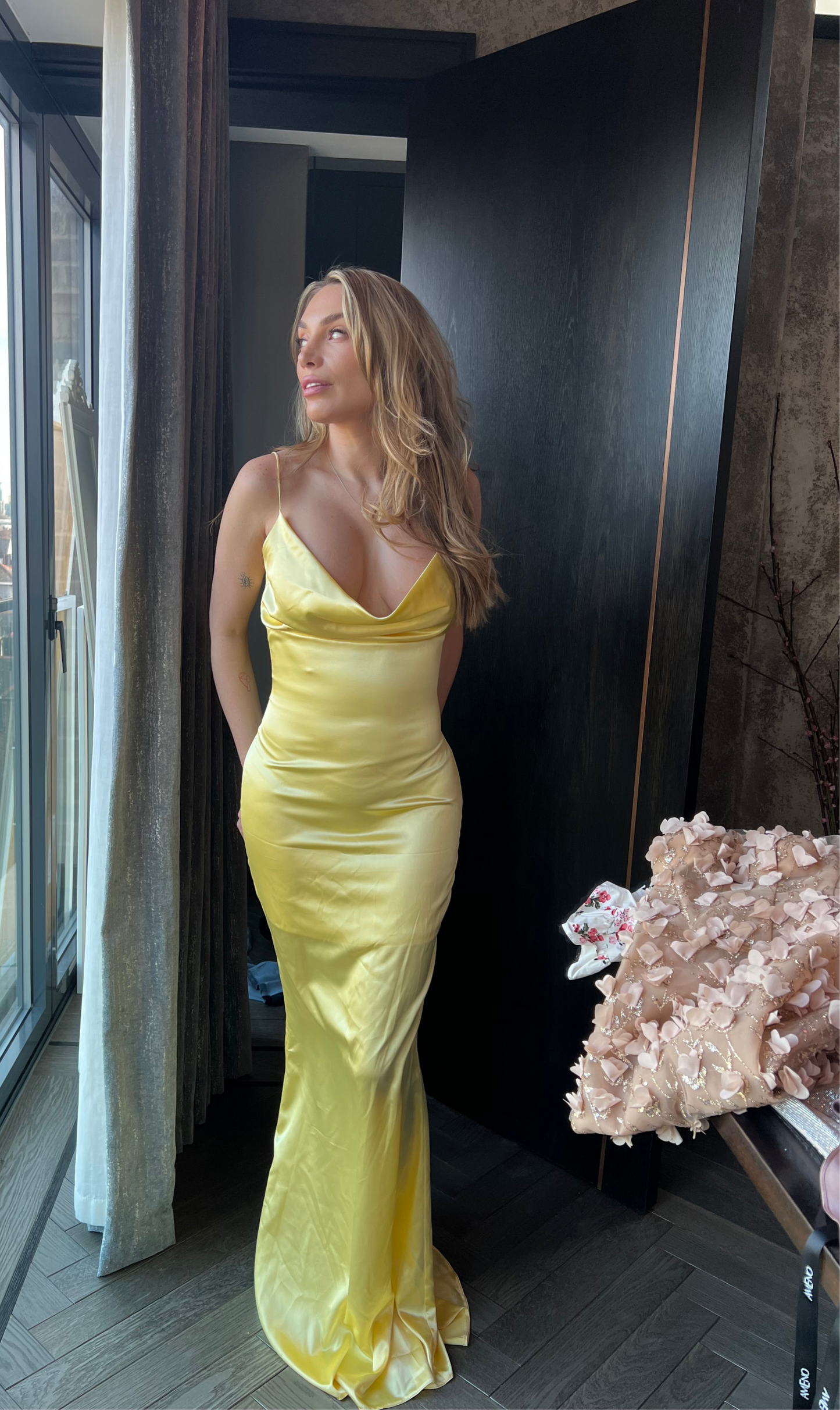Sherman Alice Design «LILLY” satin maxi dress fishtail skirt in yellow