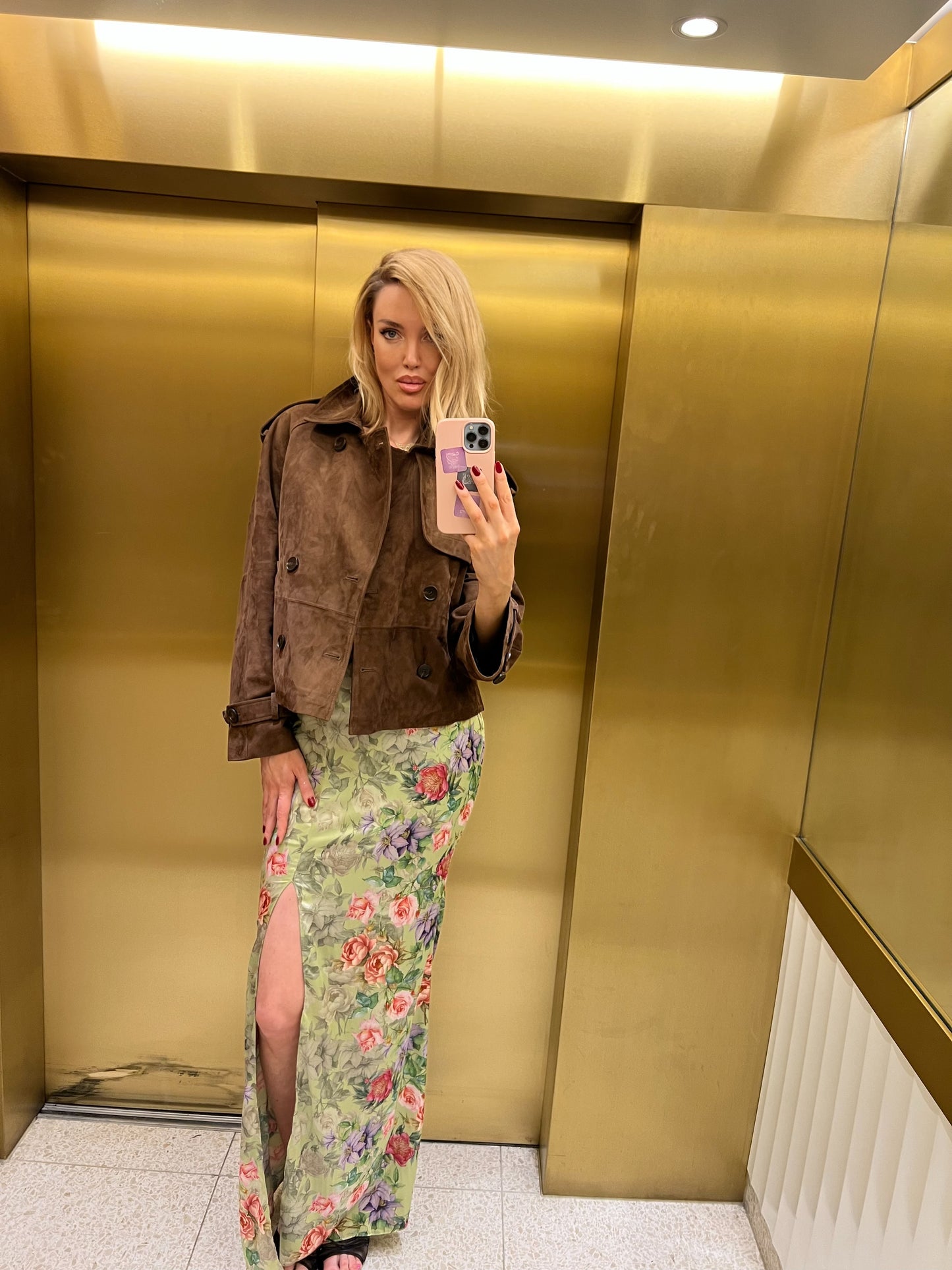 Soft suede trench design crop jacket with buttons in brown
