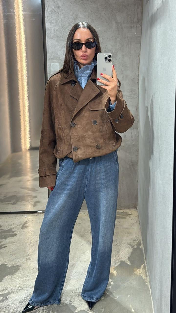 Soft suede trench design crop jacket with buttons in brown