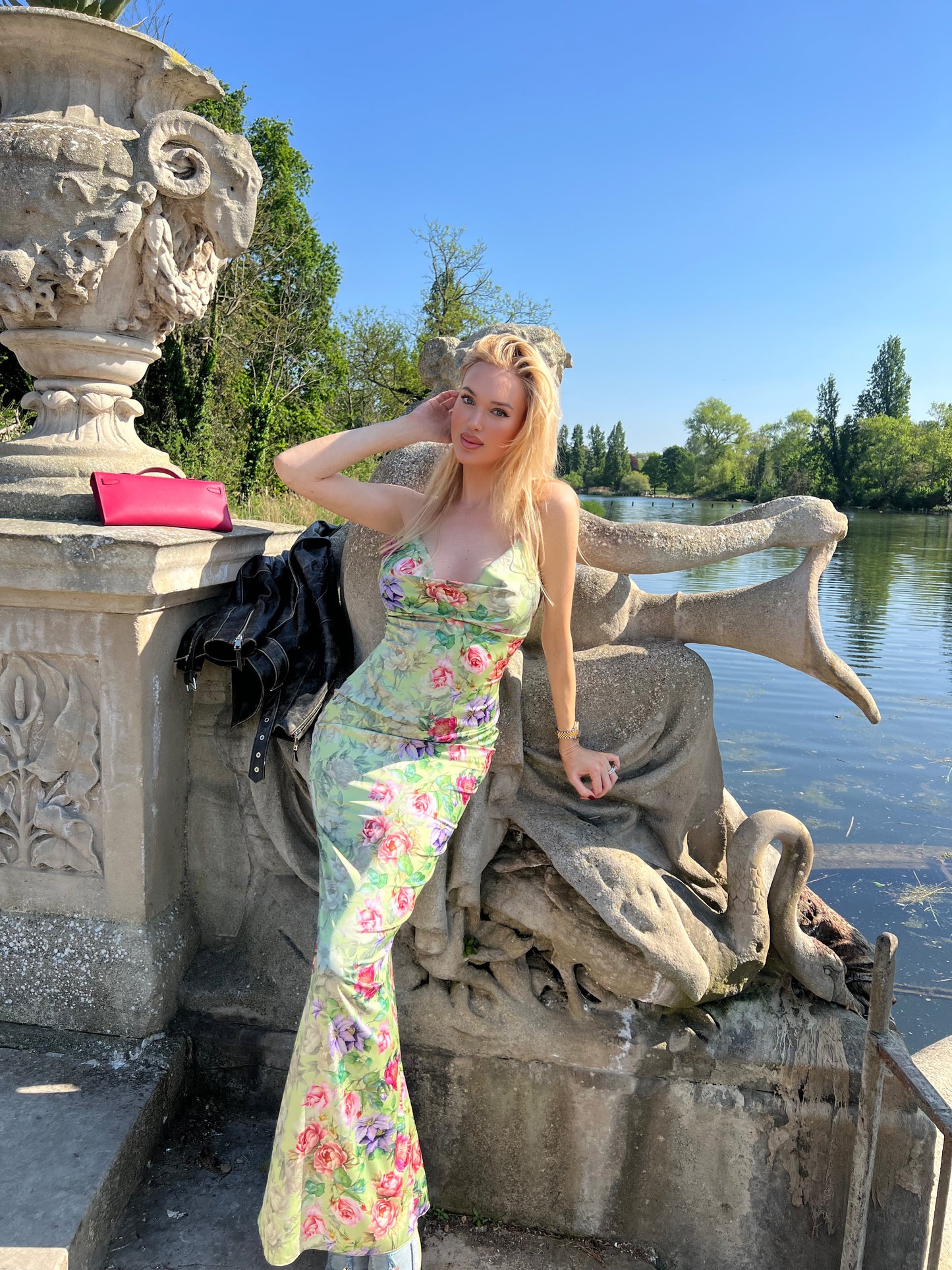 Sherman Alice Design “VENUS” Flower multicoloured satin long dress with fishtail skirt and split