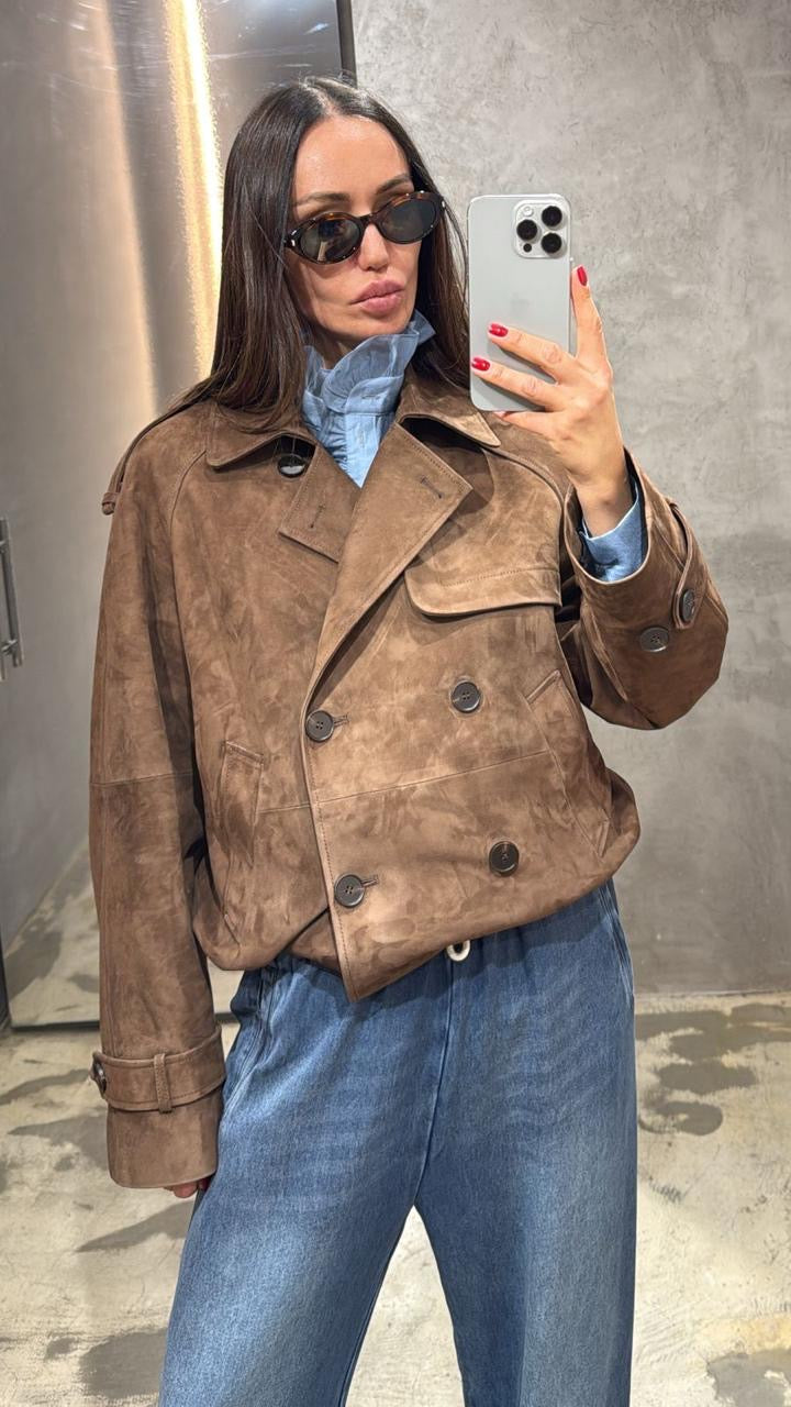 Soft suede trench design crop jacket with buttons in brown