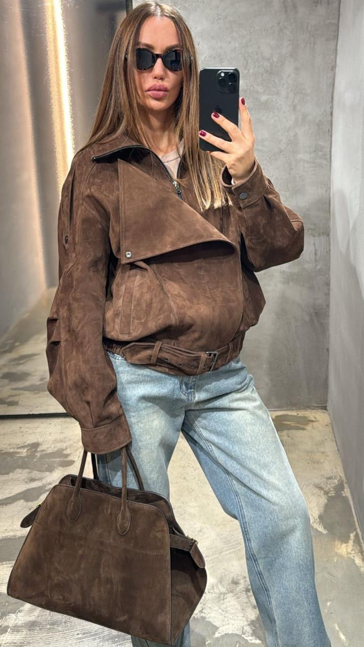 Soft suede oversized pilot bomber jacket in brown
