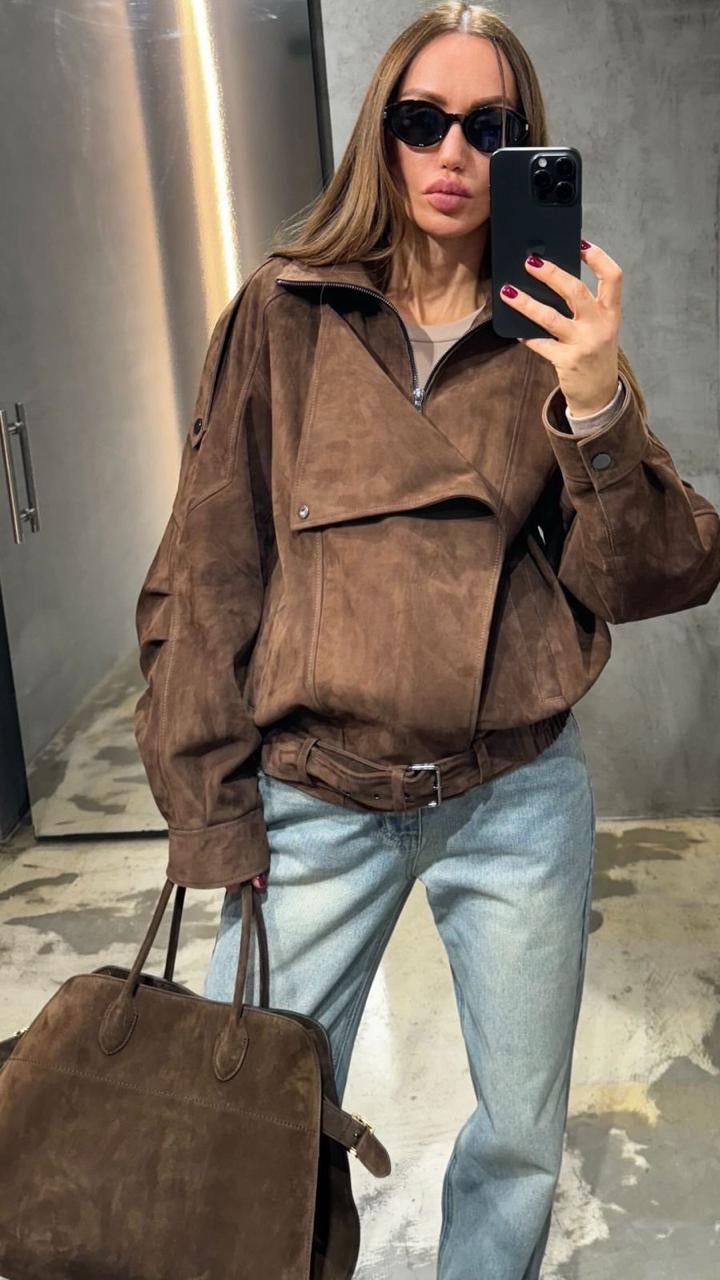 Soft suede oversized pilot bomber jacket in brown