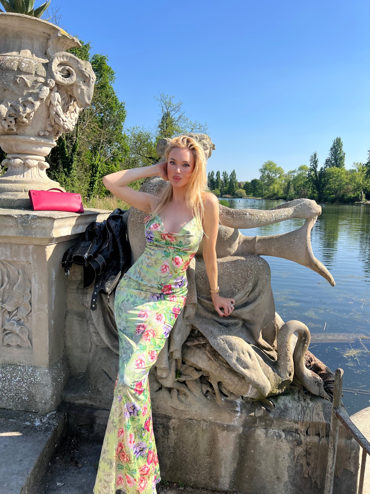 Sherman Alice Design “VENUS” Flower multicoloured satin long dress with fishtail skirt and split
