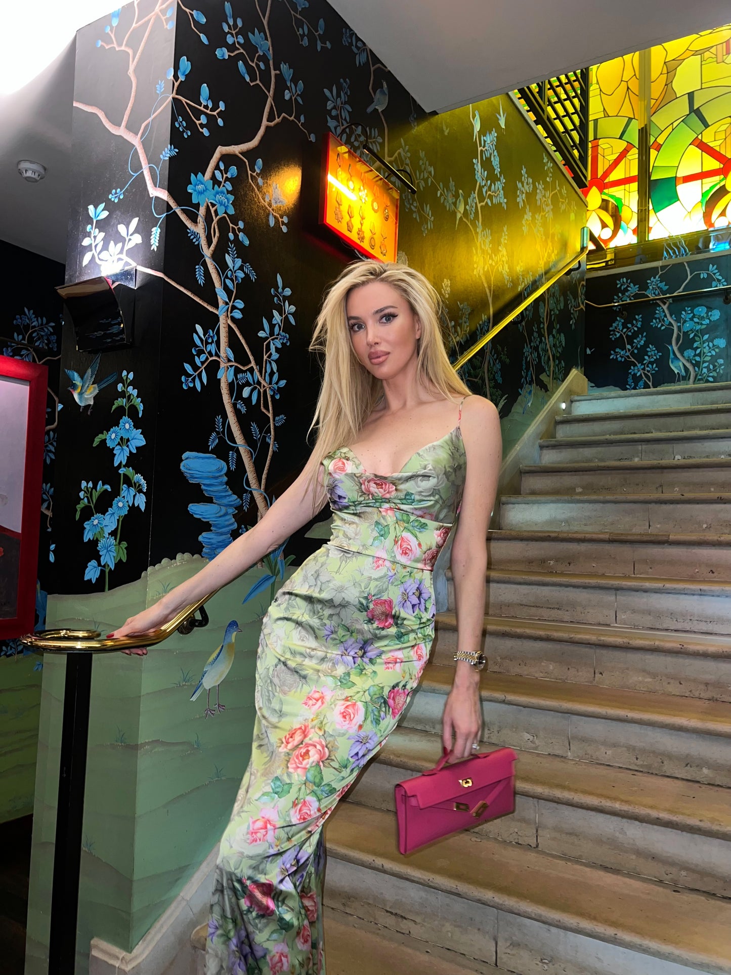 Sherman Alice Design “VENUS” Flower multicoloured satin long dress with fishtail skirt and split