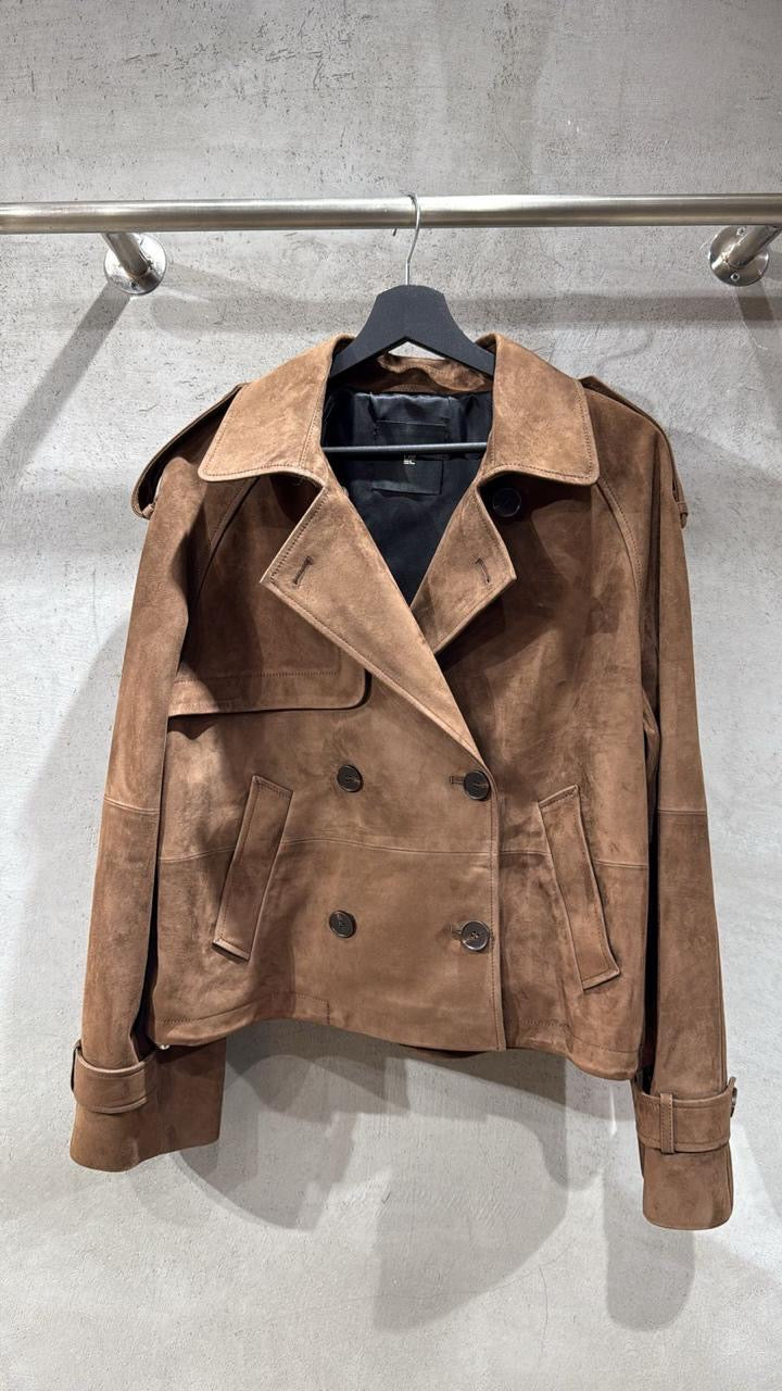 Soft suede trench design crop jacket with buttons in brown