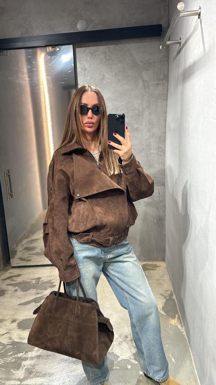 Soft suede oversized pilot bomber jacket in brown