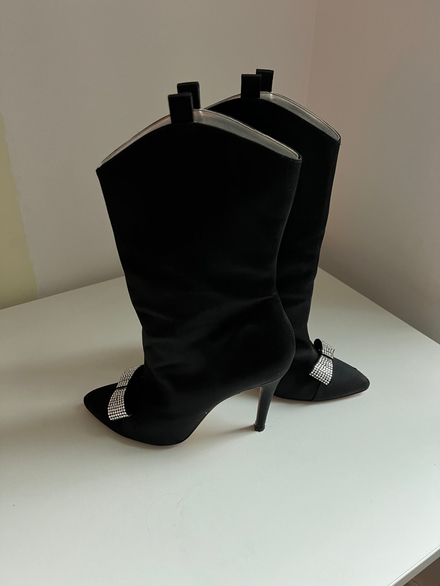 ALESSANDRA RICH satin boots with crystal bow