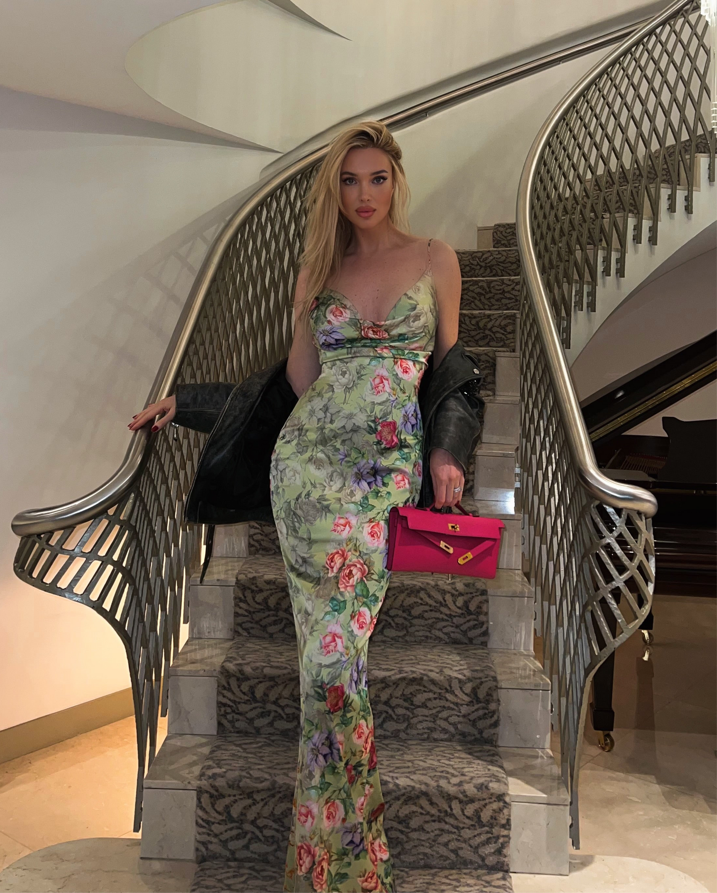 Sherman Alice Design “VENUS” Flower multicoloured satin long dress with fishtail skirt and split