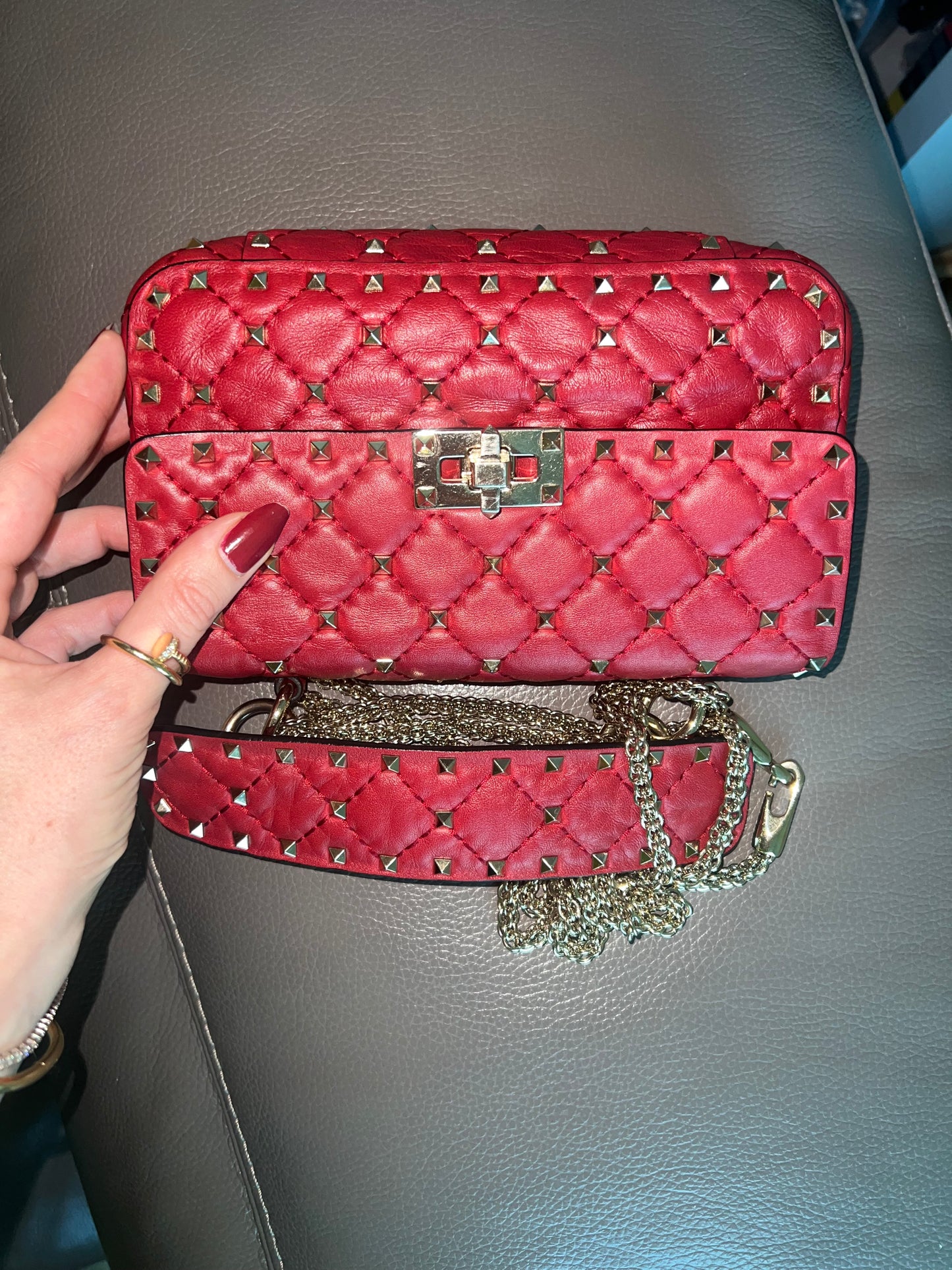 VALENTINO rockstud spike leather handbag in burgundy