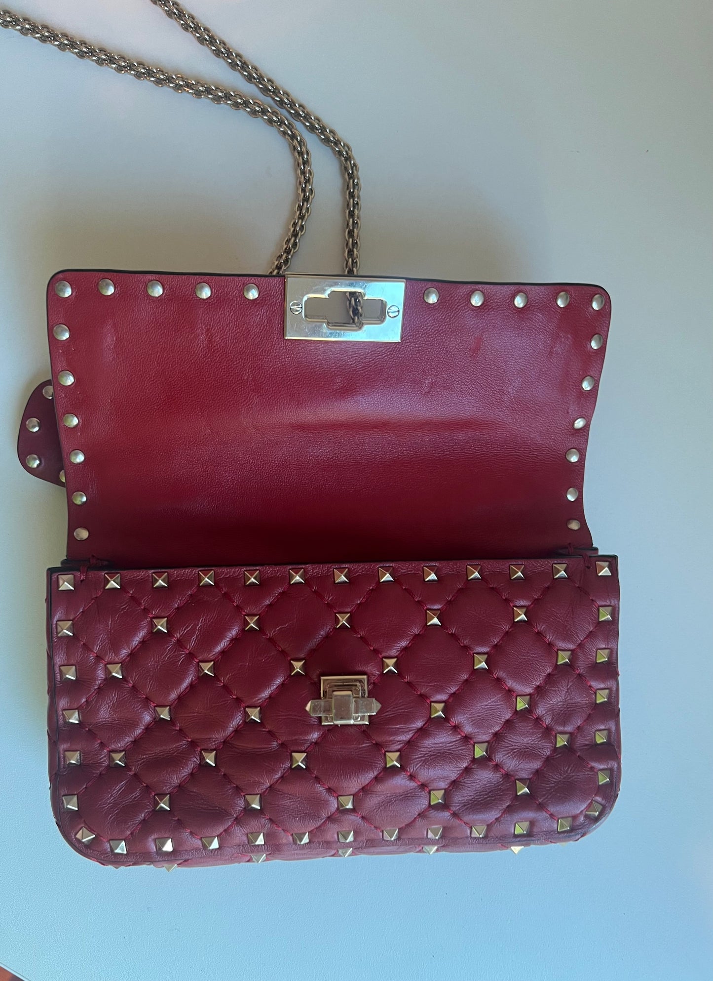 VALENTINO rockstud spike leather handbag in burgundy