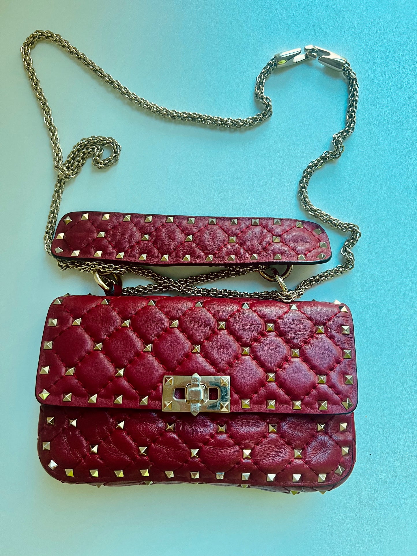 VALENTINO rockstud spike leather handbag in burgundy