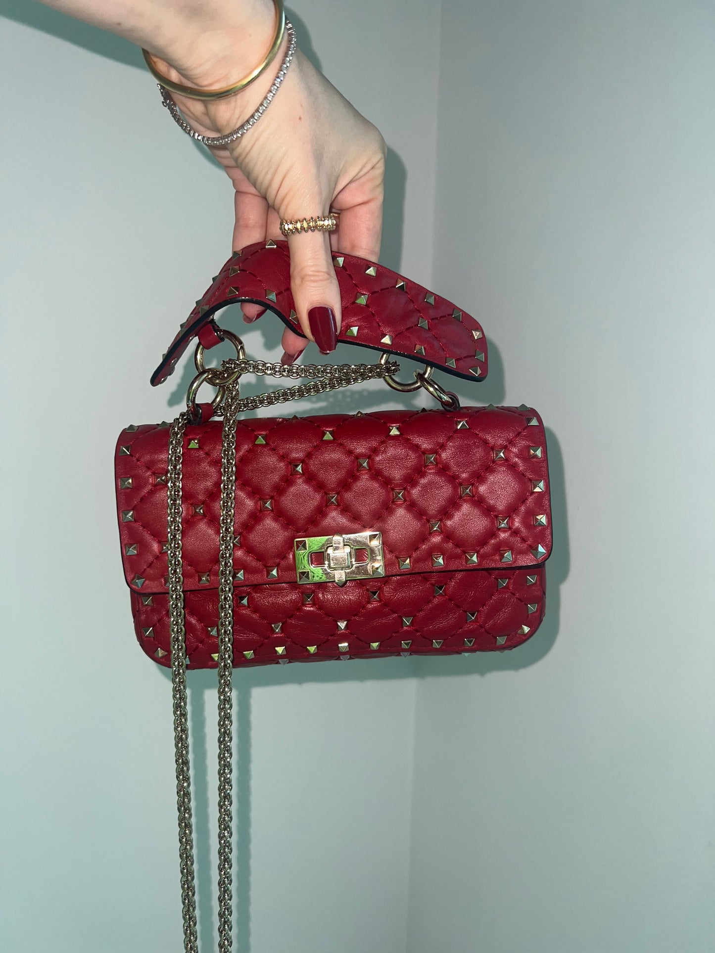 VALENTINO rockstud spike leather handbag in burgundy