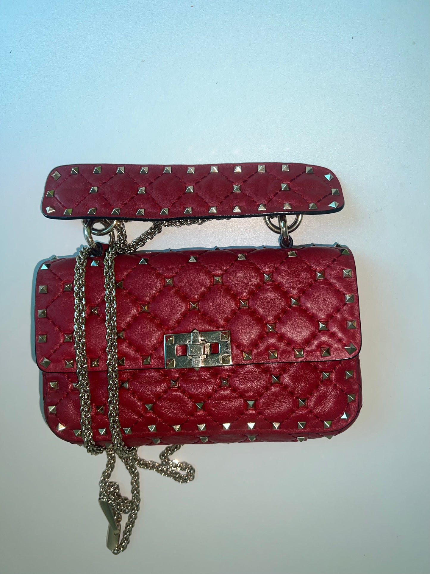 VALENTINO rockstud spike leather handbag in burgundy