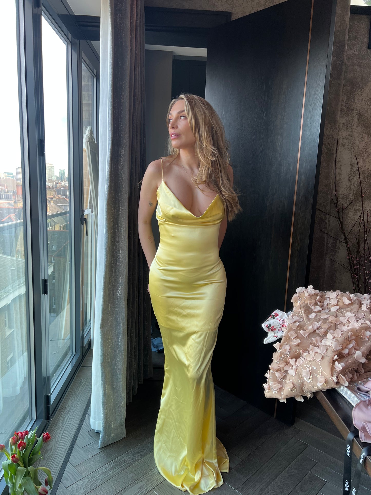 Sherman Alice Design «LILLY” satin maxi dress fishtail skirt in yellow