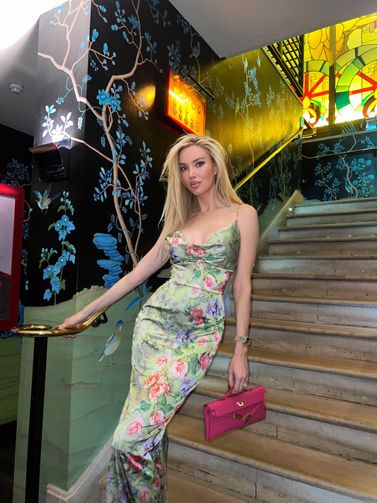 Sherman Alice Design “VENUS” Flower multicoloured satin long dress with fishtail skirt and split