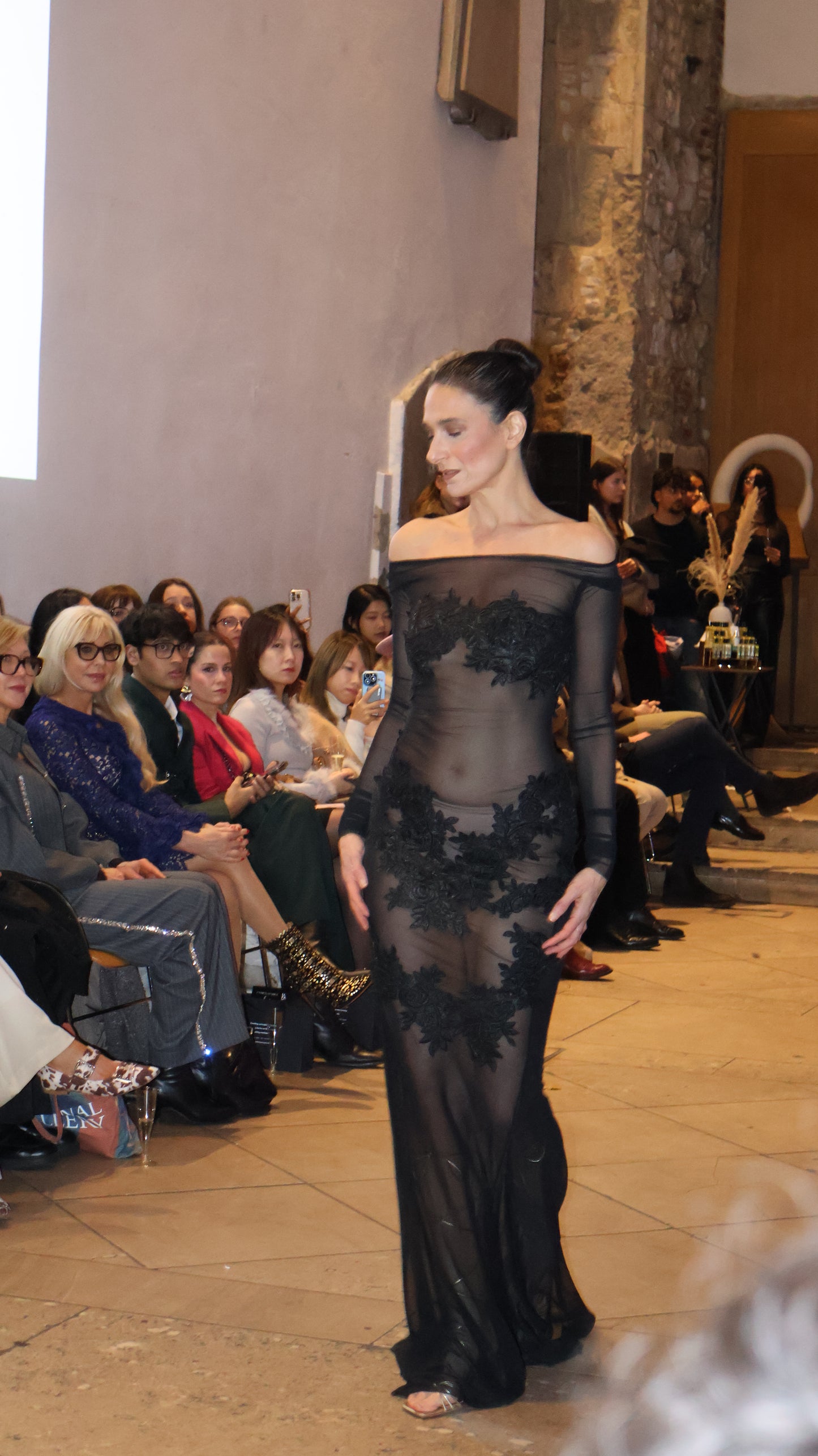 Mesh gown with embroidery